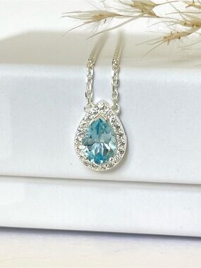 925 Sterling Silver, AAA+ Natural Blue Topaz Drop Halo necklace,18k gold Plated